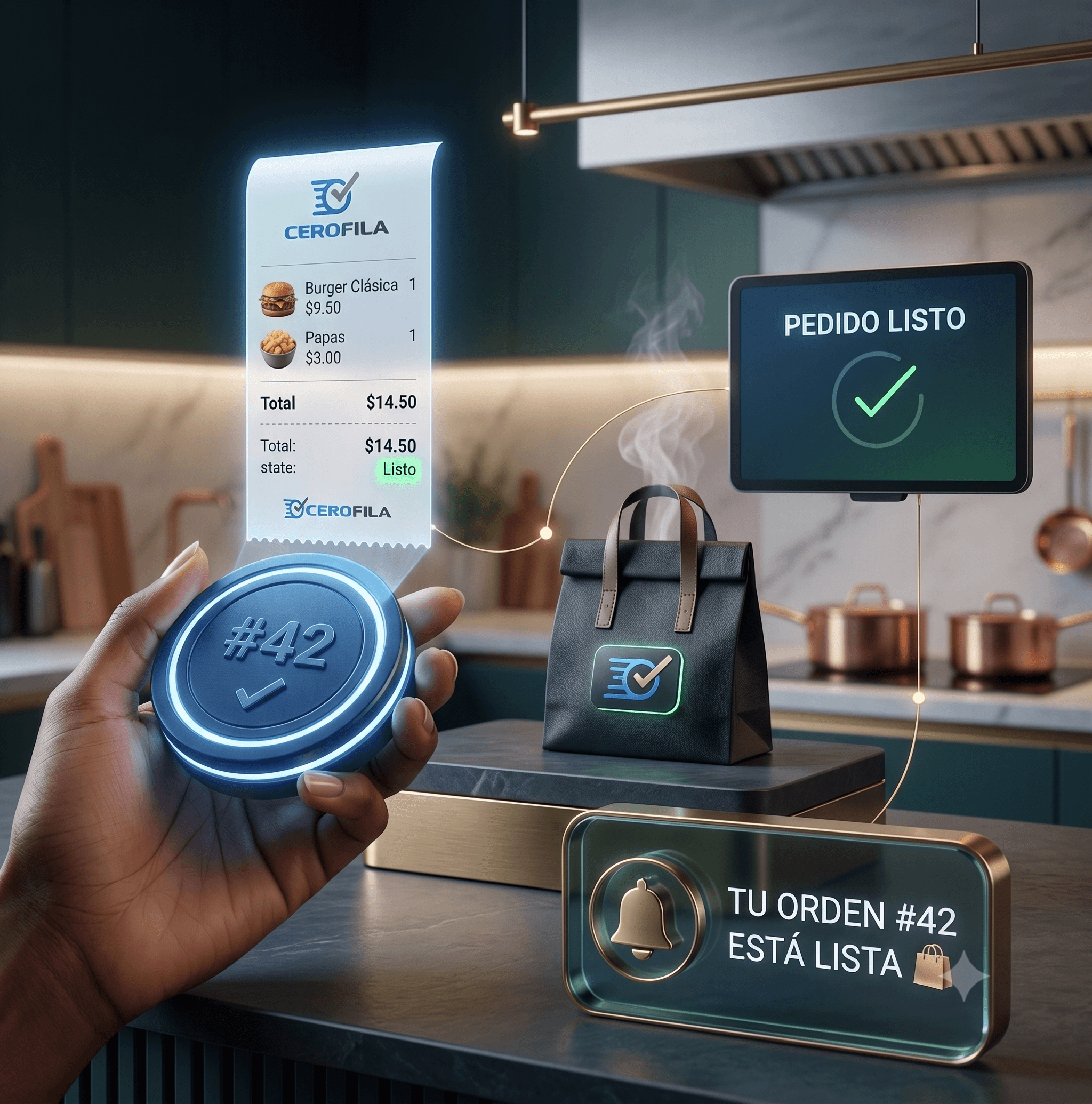 Orden lista para recoger, notificación de CeroFila en cocina